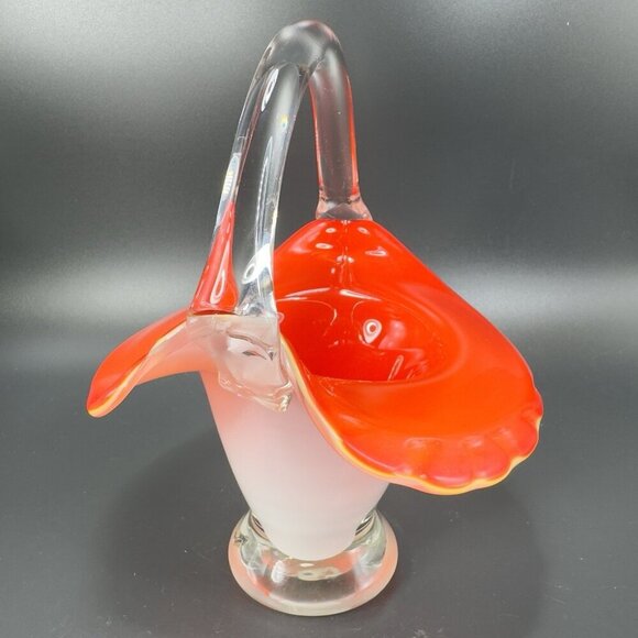 Vintage 1980s Venetian Art Glass Basket Bowl With Handle Red White Art Glass VTG - Picture 14 of 14